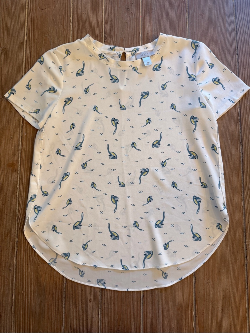 LOFT Cream Short Sleeve Top with Blue & Green Parrot Print